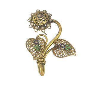 Vintage Floral Filigree Brooch Pin With Enamel & Faux Pearl Accents Gold Tone Co